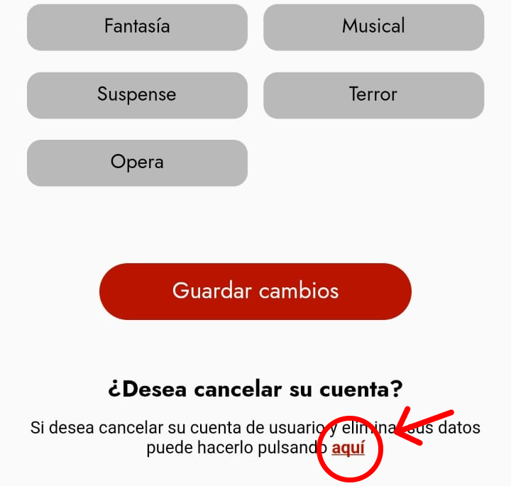 Pulsando en 'aquí' para cancelar cuenta